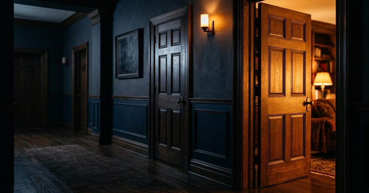 Two identical doors in a quiet hallway