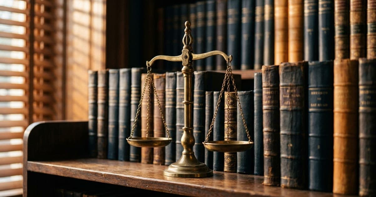 A brass scale of justice on a shelf of leather-bound law books