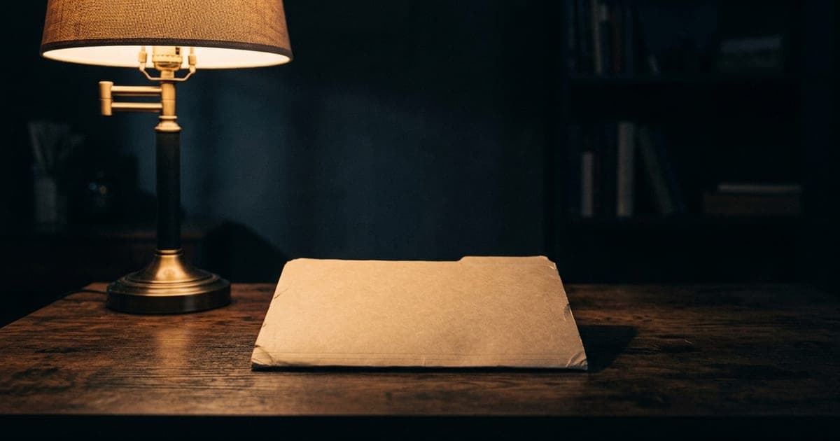 A plain manila folder under a desk lamp on a dark desk