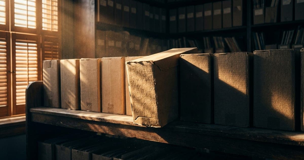 A row of archive boxes on a shelf with one pulled halfway out