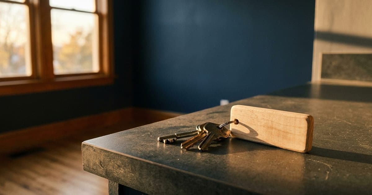 A set of house keys with a plain wooden tag on the counter of an empty