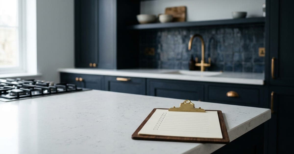 A clipboard with a blank checklist resting on the counter of an empty