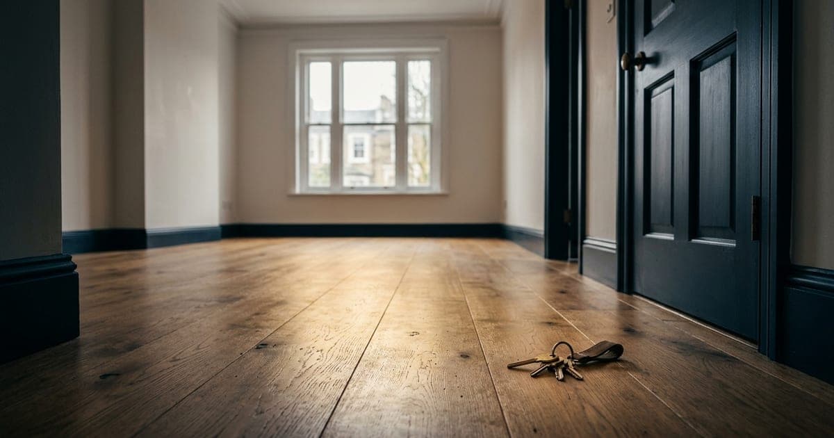 An empty apartment with sunlight across the hardwood floor and a single set of keys by the door