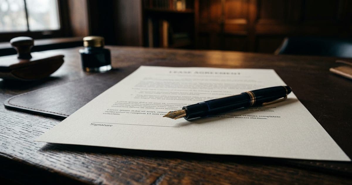 A fountain pen lying across a blank lease agreement on a desk