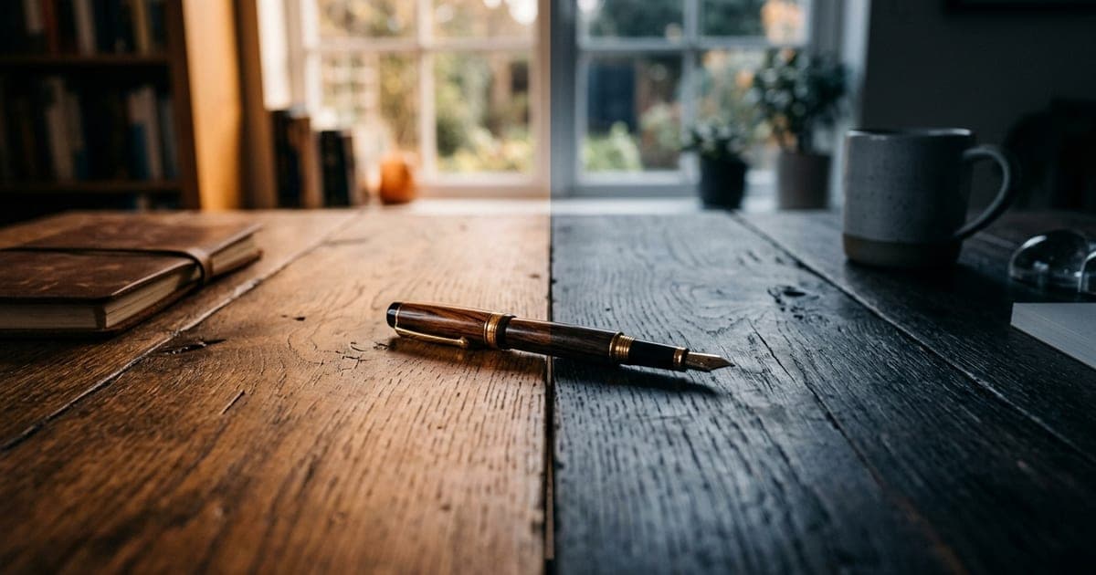 A wooden desk lit half in warm light and half in cool light