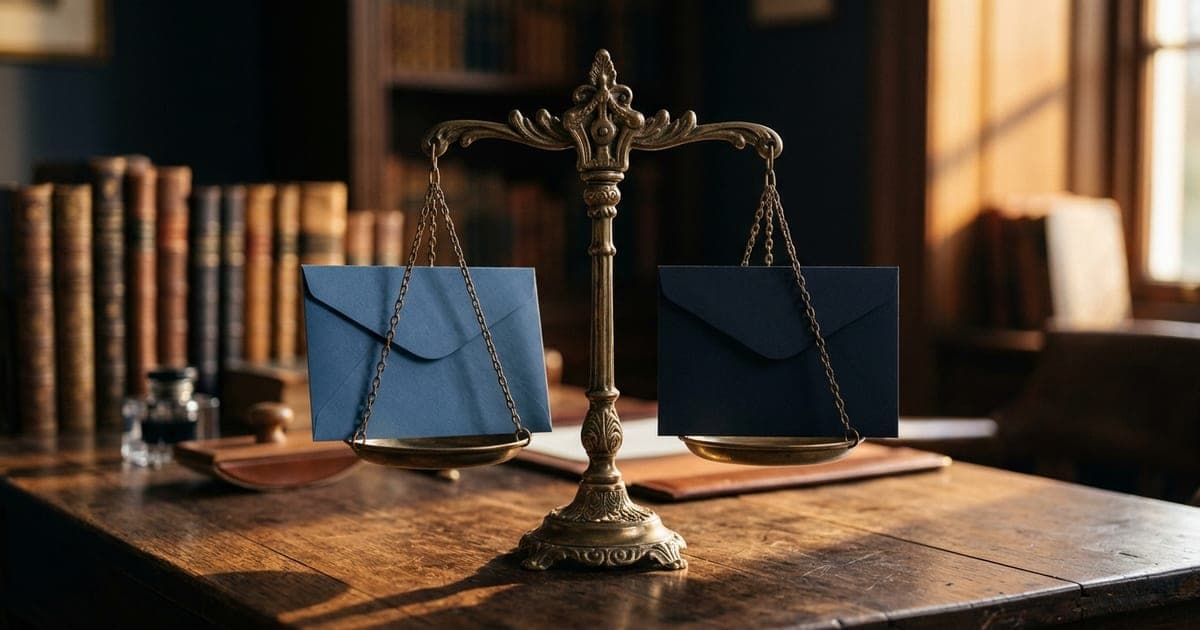 A balance scale on a desk holding two blank folders