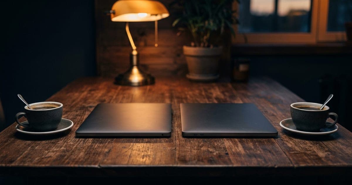 Two closed laptops and two coffee cups on a shared desk